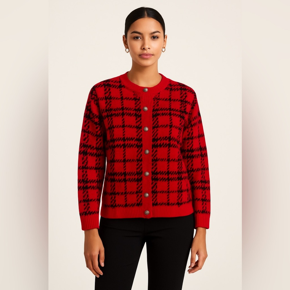 Scottish Tartan wool blend old money knit cardigan sweater cozy timeless sz M‎